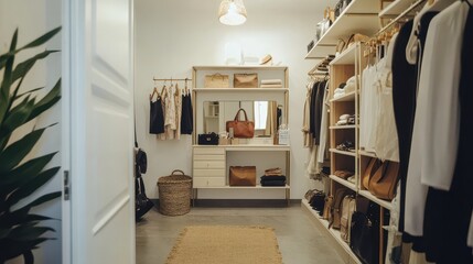 A large walk in closet with a white door
