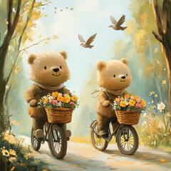 Two teddy bears are riding a bicycle with baskets full of flowers