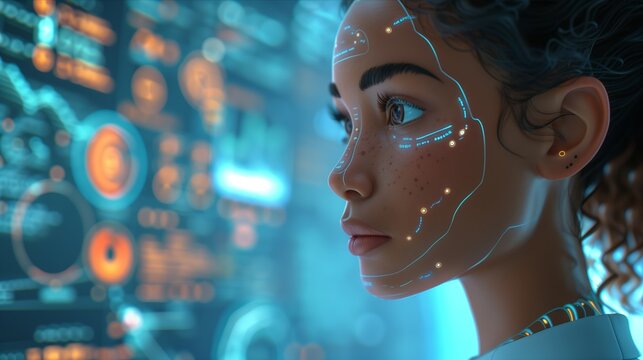 Close-up of a woman with digital facial mapping in a futuristic environment.
