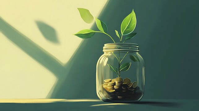 A jar filled with coins and a thriving green plant growing from it symbolizing wealth accumulation