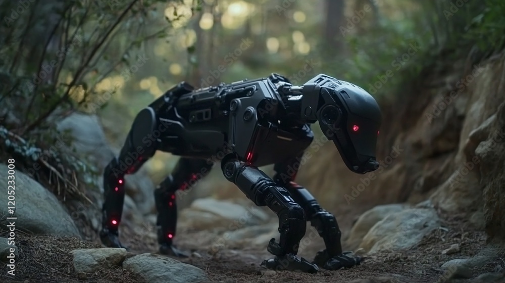 Poster a robotic dog navigating through rough terrain on a rescue mission without human guidance.
