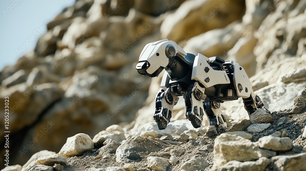 Poster a robotic dog navigating through rough terrain on a rescue mission without human guidance.