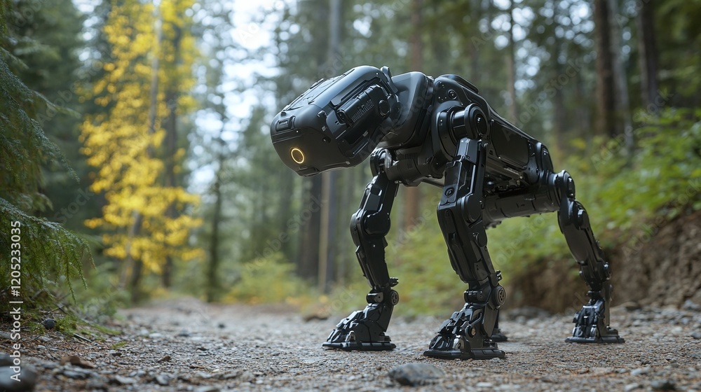 Poster a robotic dog navigating through rough terrain on a rescue mission without human guidance.
