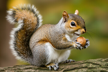 Obraz premium Squirrel holding a nut sitting on a tree branch.