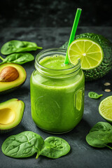 Fototapeta premium A green breakfast smoothie made with avocado, spinach, and lime, served in a glass jar with a straw, placed on a stone countertop with fresh avocado and lime around
