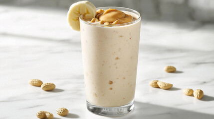 
A protein-packed breakfast smoothie made with whey protein, peanut butter, and banana, served in a tall glass with a banana slice on the rim, placed on a clean white surface with a few peanuts around