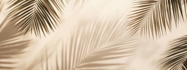 Obraz premium Shadow of palm leaves casting a serene pattern on a textured beige background in a tranquil setting