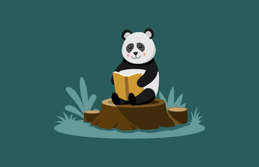 A panda cartoon sitting on the log reading a book