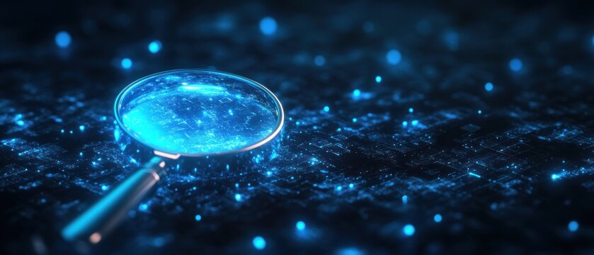 Magnifying glass over glowing blue particles.