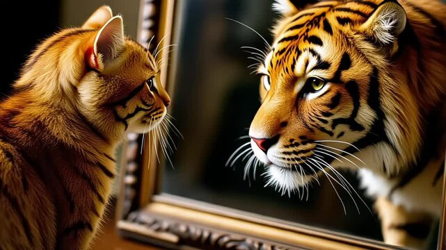 The kitten sees a reflection of a tiger in the mirror