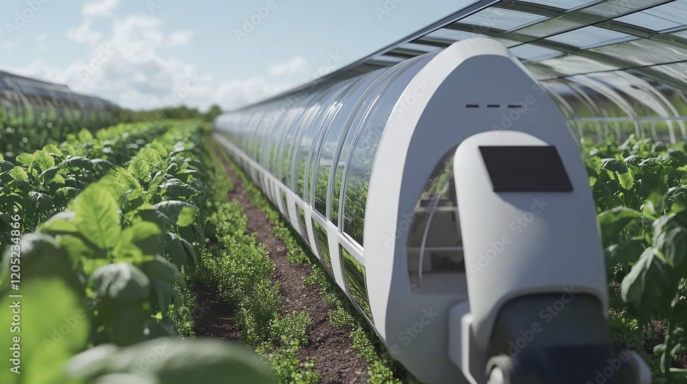 Poster a smart greenhouse adjusting temperature and watering plants autonomously based on ai inputs.