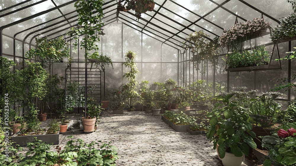 Poster a smart greenhouse adjusting temperature and watering plants autonomously based on ai inputs.