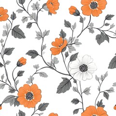 Orange and Gray Flowers Blossom Beautifully on White Background: Elegant Floral Design Seamless Pattern for Textile, Wallpaper, and Fabric Prints