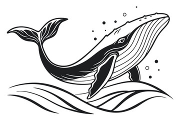 black color line art A image of a whale swimming gracefully in the ocean D.eps