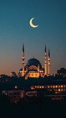 Fototapeta premium Crescent Moon over Illuminated Mosque at Night