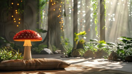 A mushroom-shaped lamp in a beautiful meditation room background