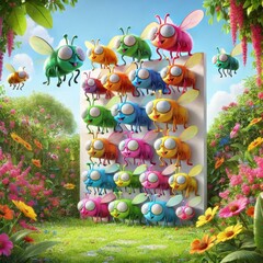Vibrant Multicolored Cartoon Insects on Wall Display in Blooming Garden