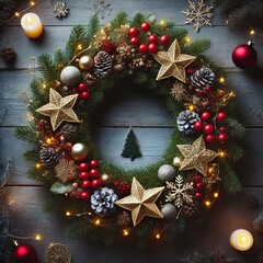 Elegant Christmas Wreath with Golden Stars, Pinecones, and Red Berries on Wooden Background