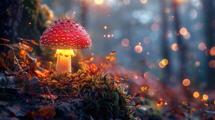 a mushroom-shaped lamp on a beautiful outdoor adventure background