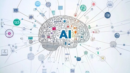 clean and modern stock photo featuring a brain outline with "AI" at the center. Neural connections and digital circuits radiate outward, illustrating AI's computational power. The white background 