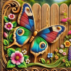Colorful Wooden Fence with Intricate Butterfly and Floral Carvings