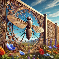 Artistic Metal Fence Featuring Intricate Bee Design and Vibrant Floral Accents