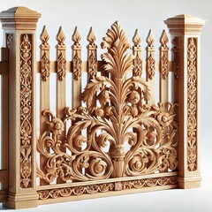 Elegant Wooden Fence with Ornate Carvings and Intricate Floral Designs