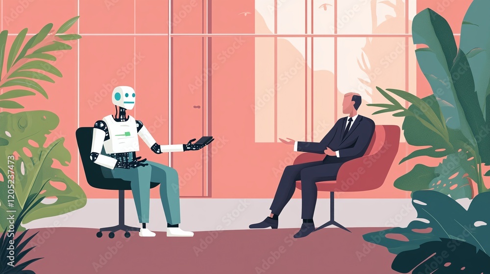 Poster an ai-driven financial advisor providing real-time investment strategies to a user in a quiet study.