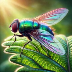 Close-Up of Vibrant Green Fly Resting on Leaf with Sunlit Background