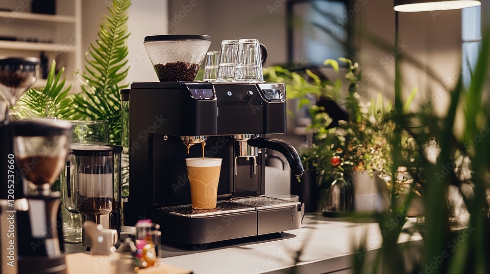 Poster an automated coffee maker brewing beverages perfectly for users at a shared workspace.