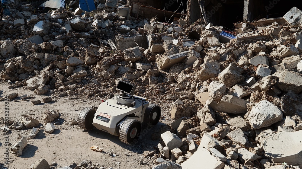 Poster an autonomous rescue robot navigating through earthquake rubble locating survivors.