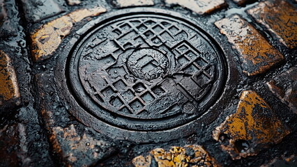 Obraz premium Close-up of a round shape manhole metal cover with patterns and design in the streets, wet street floor, for underground pipeline, sewer, drainage maintenance, 