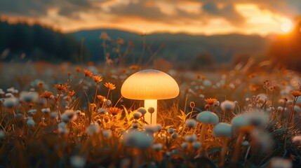 a mushroom-shaped lamp on a beautiful outdoor adventure background