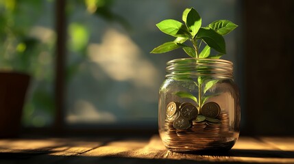 A jar of coins with a thriving plant growing from it symbolizing financial prosperity and growth