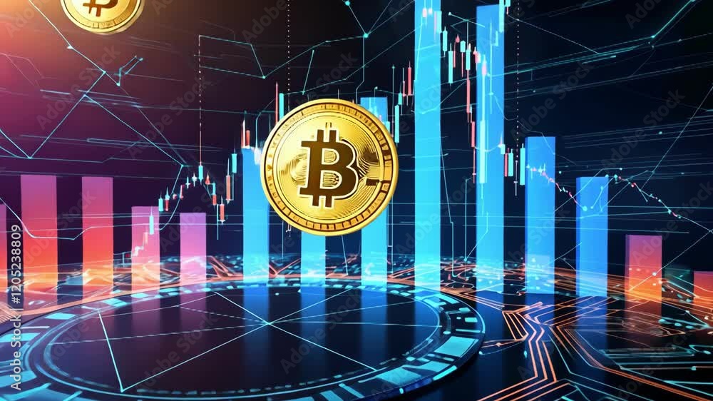 Aufkleber digital representation of bitcoin and market trends highlighting cryptocurrency investment and growt