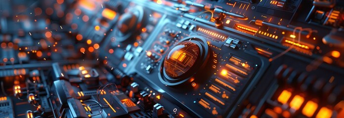 Futuristic dashboard with glowing controls and intricate design elements.