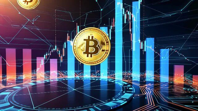 Digital representation of bitcoin and market trends highlighting cryptocurrency investment and growth through dynamic visual elements