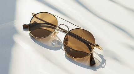 A pair of sleek designer sunglasses with tinted lenses and metallic frames, showcased on a white background.