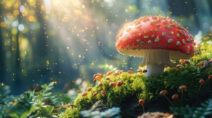 a mushroom-shaped lamp on a beautiful outdoor adventure background