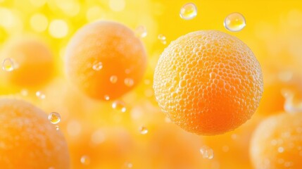 Bright orange bubbles floating on a yellow background create an energizing atmosphere in a refreshing setting often associated with citrus