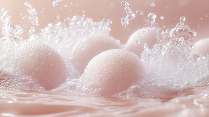 Fototapeta premium Water droplets splash around soft pink spheres resting in a gentle pool during a serene moment of tranquility and beauty