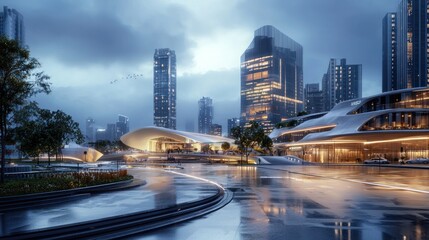 Futuristic Cityscape: Modern Architecture and Tranquil Evening Ambiance