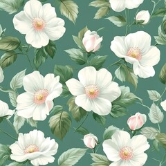 White Flowers Bloom Beautifully on Teal Background, Creating a Serene and Elegant Floral Design Pattern, Ideal for Textile Prints and Wallpapers.