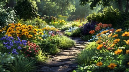 Obraz premium Sunlit Garden Path Among Colorful Blooming Flowers