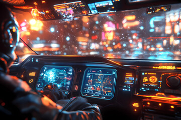 pilot navigating a radiant holographic aircraft through a virtual galaxy