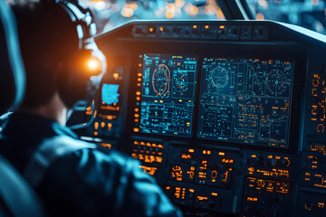 pilot navigating a radiant holographic aircraft through a virtual galaxy