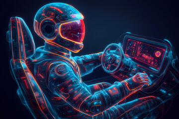 pilot navigating a radiant holographic aircraft through a virtual galaxy