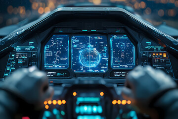pilot navigating a radiant holographic aircraft through a virtual galaxy