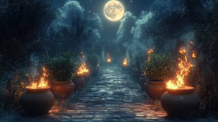 Moonlit path, burning urns, plants, night.