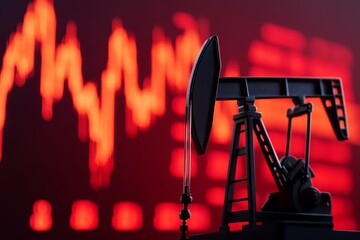 Oil pump jack dominates a backdrop of rising stock market trends in a dramatic red display during trading hours